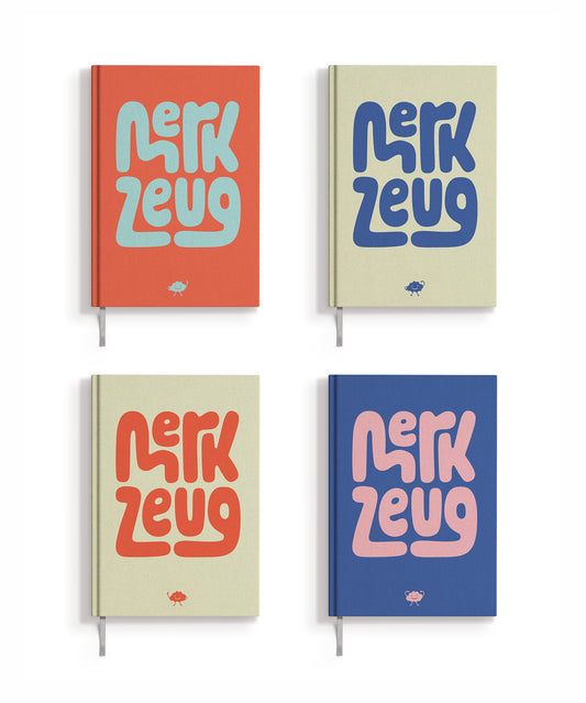 Merkzeug Notizbücher mit Leineneinband in rot, blau und beige, Lesezeichen