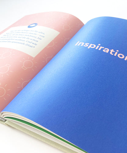 Merkzeug Notizbuch, Innenseite Beispiel Rubrik, aufgeschlagen, blau, rosa, closeup