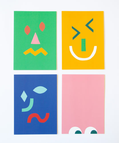 Vier Emotionskarten grün gelb blau rosa