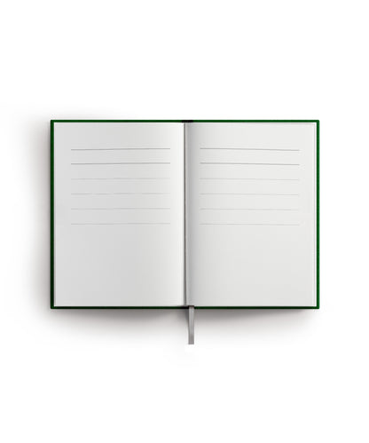 Hochwertiges Momente Erinnerungsbuch  mit Leineneinband und Goldprägung grün aufgeschlagen, liniert, innenseiten