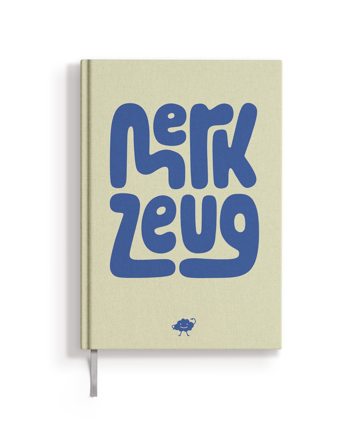 Merkzeug Notizbuch mit Leineneinband in Beige mit blauer Schrift, Lesezeichen, aufgeschlagen