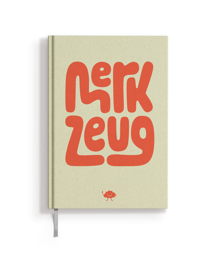 Merkzeug Notizbuch mit Leineneinband in beige mit roter Schrift, Lesezeichen