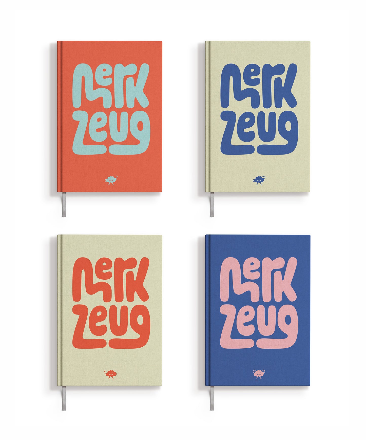 Merkzeug Notizbücher mit Leineneinband in rot, blau und beige, Lesezeichen