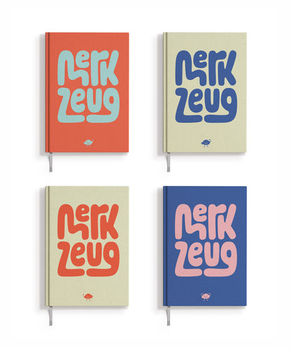 Merkzeug Notizbücher mit Leineneinband in rot, blau und beige, Lesezeichen