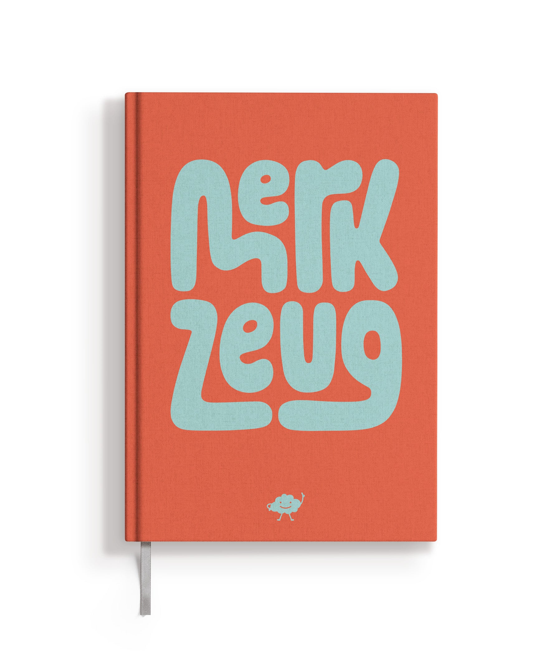 Merkzeug Notizbuch mit Leineneinband in rot mit hellblauer Schrift, Lesezeichen