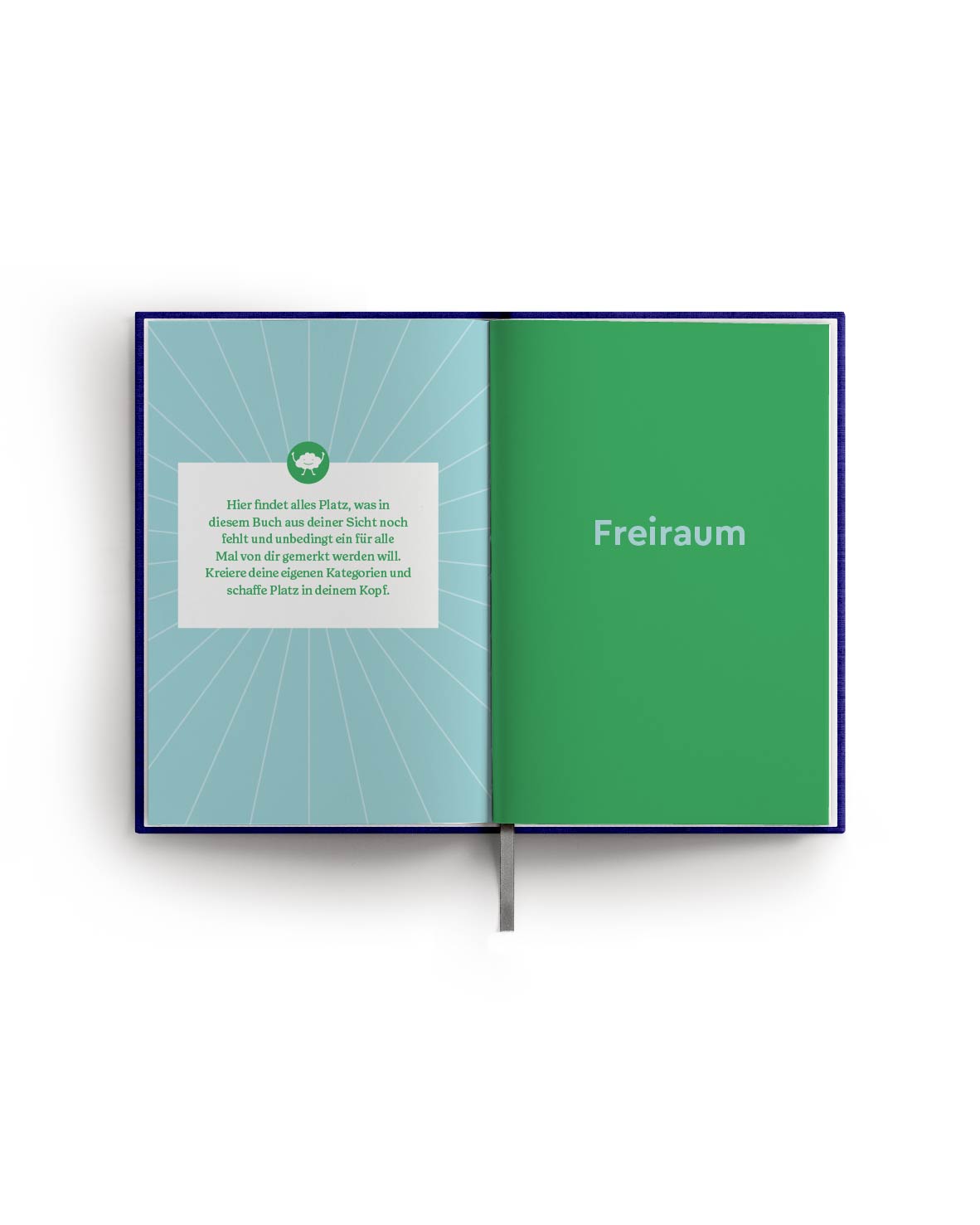 Merkzeug Notizbuch, Innenseite Beispiel Rubrik, aufgeschlagen, hellblau, grün