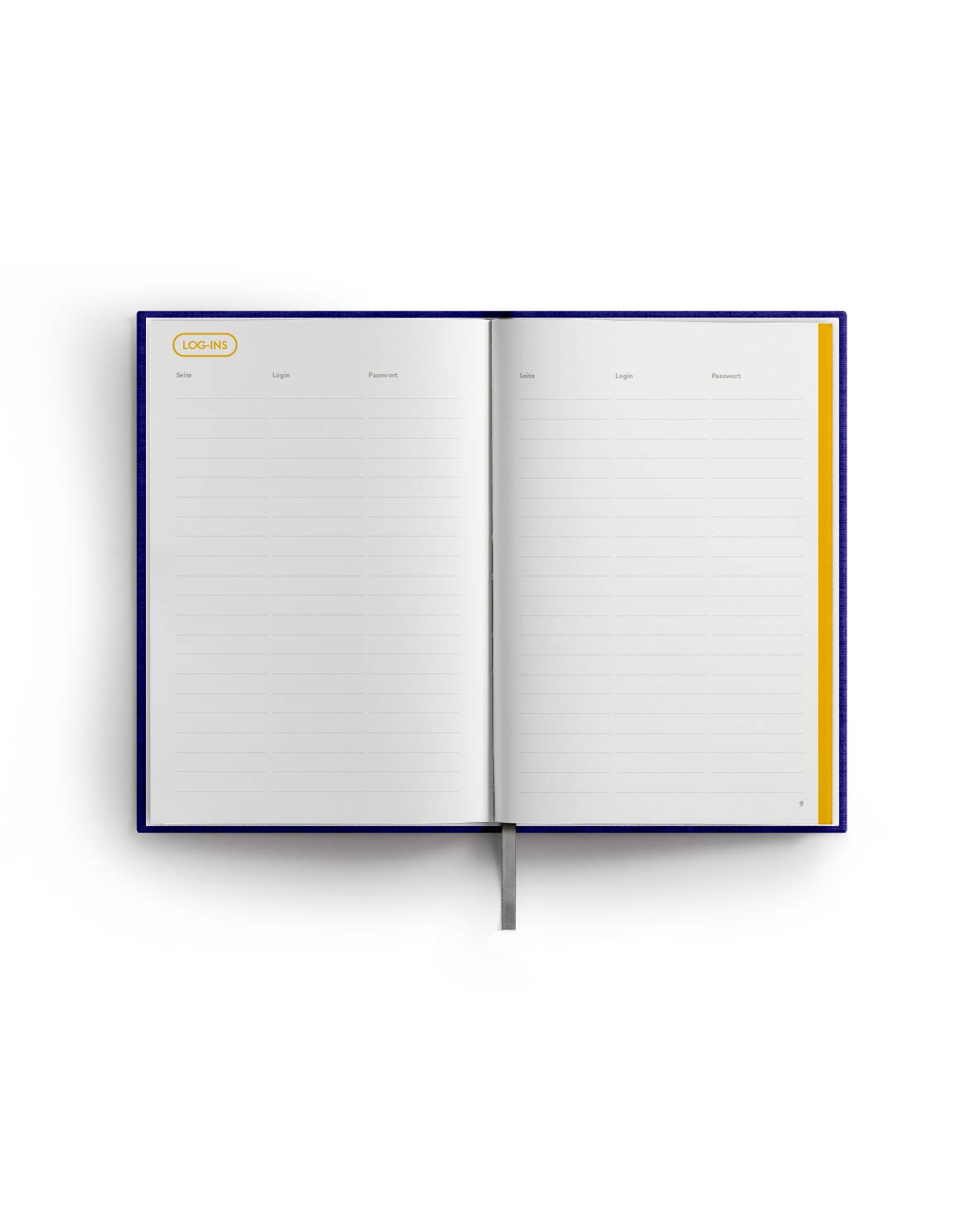 Merkzeug Notizbuch, Innenseite Beispiel Rubrik, aufgeschlagen, gelb